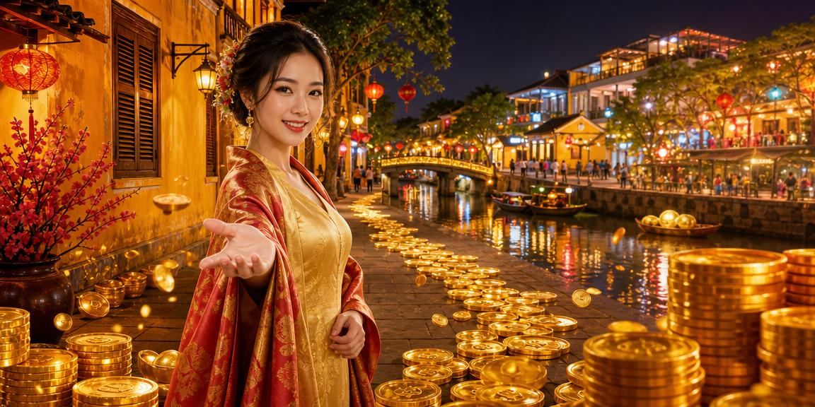 Khung cảnh lễ hội Tết tại Hội An với người dân vui chơi và trải nghiệm giải trí trực tuyến